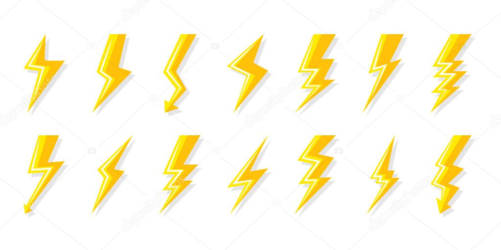 Yellow lightning bolt icon flash power vector set