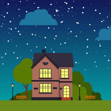 Gece evi ağacı yassı kare vektör tek