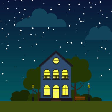 Gece evi ağacı yassı kare vektör tek