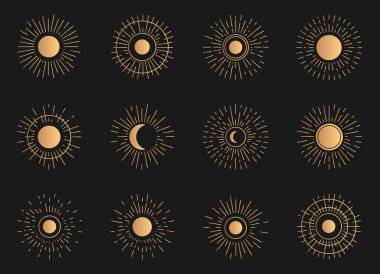 Altın ışık saçan güneş ışığı ay dövmesi logo vektörü ayarlandı