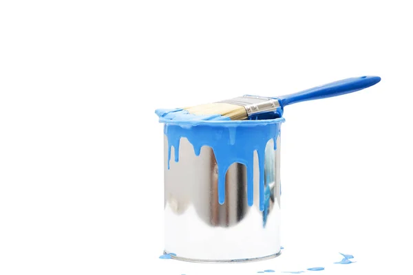 Open Painted Bucket Paintbrush White Backdrop — Stock Photo, Image