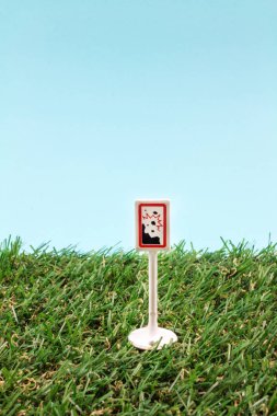 Yeşil çimlerin üzerinde oyuncak yol tabelasının yakın çekimi.