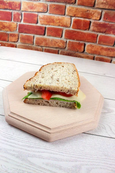 Sandwich Bread Cheese Tomatoes Salad White Wooden Table — Stock Photo, Image