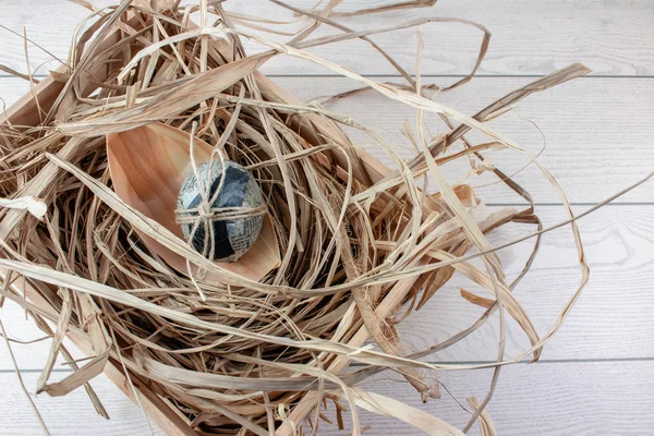 Easter Egg Wrapped Newspaper Nest Wooden Box Rustic Table — Stock Photo, Image