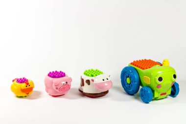 close-up shot of toys in shape of domestic animals on white background