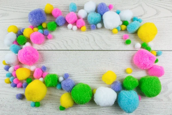 Top View Colorful Felt Balls White Wooden Table — Stock Photo, Image