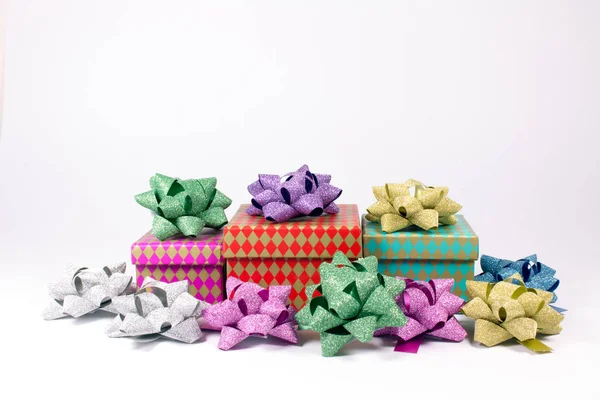 Colorful Gift Boxes Ribbons Isolated White Christmas — Stock Photo, Image