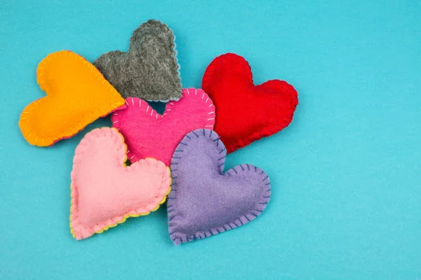 Top View Colorful Felt Hearts Bright Background — Stock Photo, Image