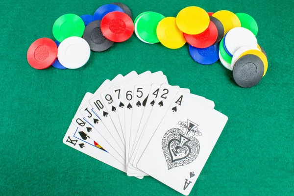 Fichas Poker Cartas Mesa Jogos — Fotografia de Stock