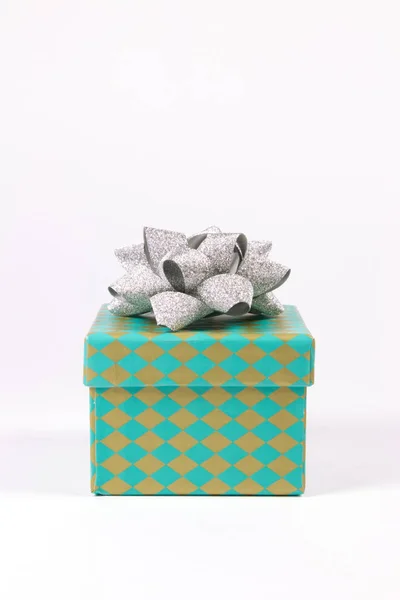 Green Gift Box Silver Bow Isolated White Christmas — Stock Photo, Image