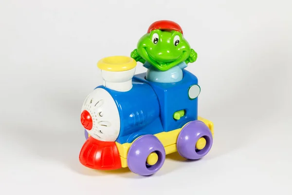 Close Shot Plastic Toy Frog Train Isolated White — Stock Photo, Image