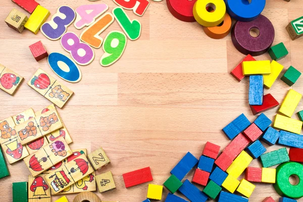 Close Shot Various Colorful Toys Wooden Floor — Stock Photo, Image