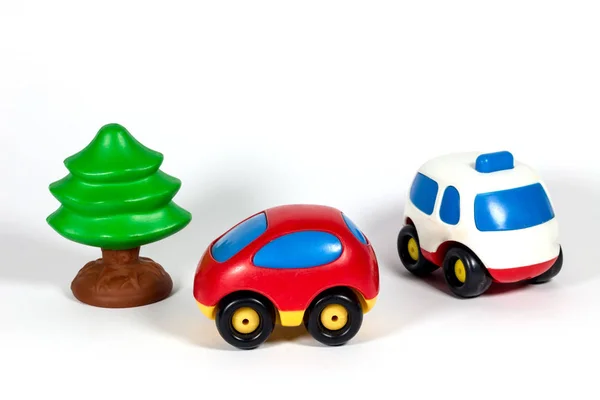 Close Shot Toy Cars Tree White Background — Stock Photo, Image