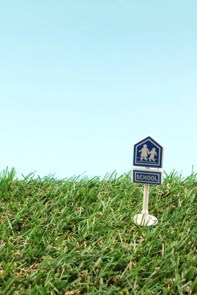 Nahaufnahme Von Spielzeug Verkehrsschild Auf Grünem Gras — Stockfoto