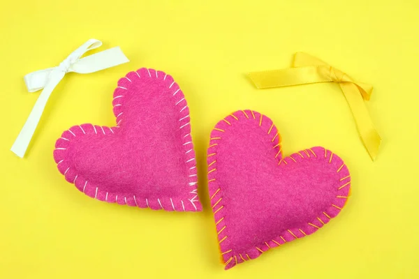 Top View Pink Felt Hearts Ribbons Yellow Background — Stock Photo, Image