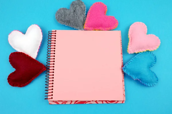 Top View Pink Notepad Hearts Blue — Stock Photo, Image