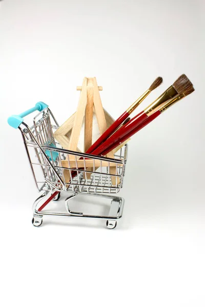 Close Shot Shopping Cart Painting Supplies White Surface — Stock Photo, Image