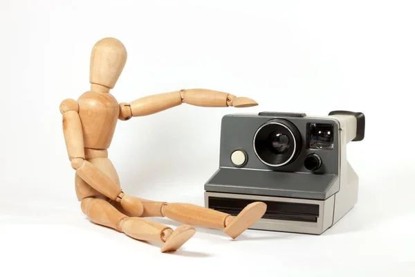 Photo Camera Wooden Mannequin White — Stock Photo, Image