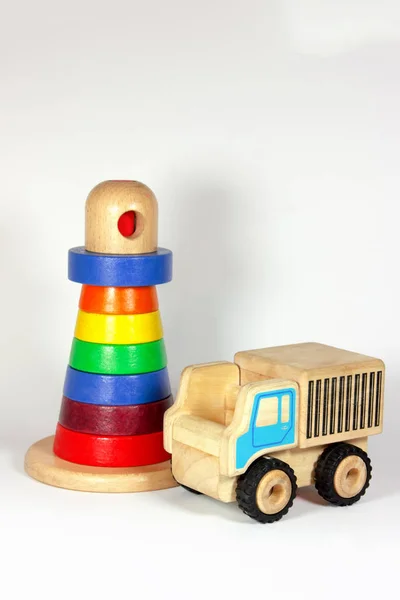 Close Shot Vintage Wooden Tower Car Toys White Background — Stock Photo, Image