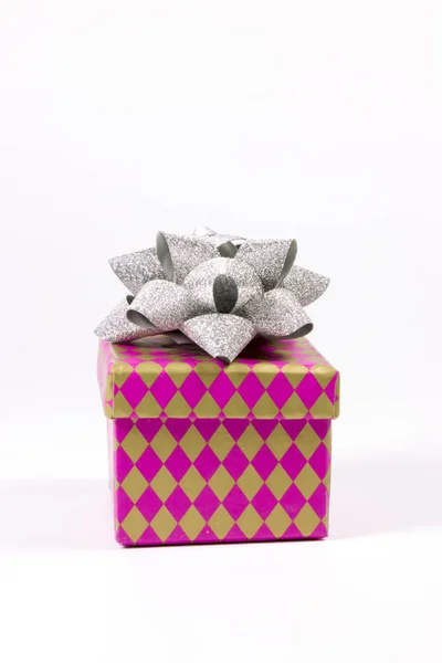 Pink Gift Box Silver Bow Isolated White Christmas — Stock Photo, Image
