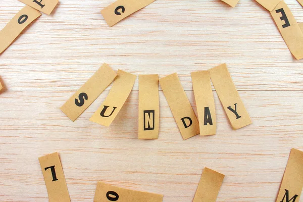 Close Shot Word Sunday Made Stickers Attached Wooden Surface — Stock Photo, Image