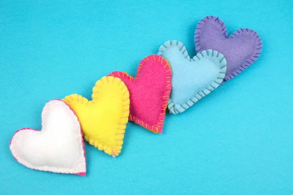 Top View Colorful Felt Hearts Bright Background — Stock Photo, Image