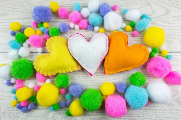 Top View Three Handmade Felt Hearts Colorful Balls Wooden Table — Stock Photo, Image