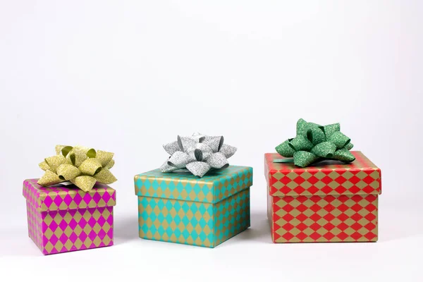 Colorful Gift Boxes Ribbons Isolated White Christmas — Stock Photo, Image