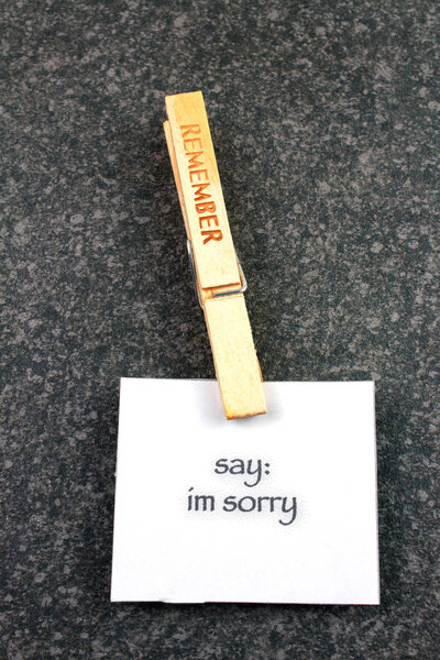 Top view of wooden Remember clothespin with say im sorry note on dark background
 