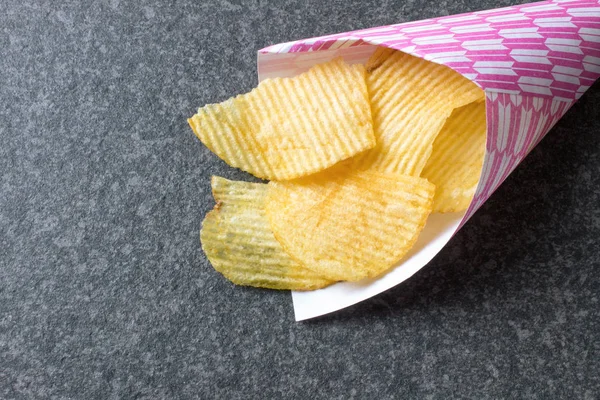 Potato Chips Paper Cone Dark Rustic Table — Stock Photo, Image