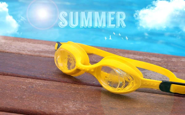 Fundo Verão Com Óculos Amarelos Texto Efeitos — Fotografia de Stock