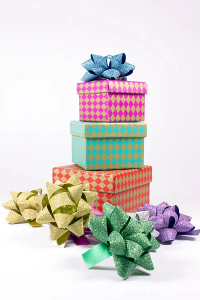 Colorful Gift Boxes Ribbons Isolated White Christmas — Stock Photo, Image