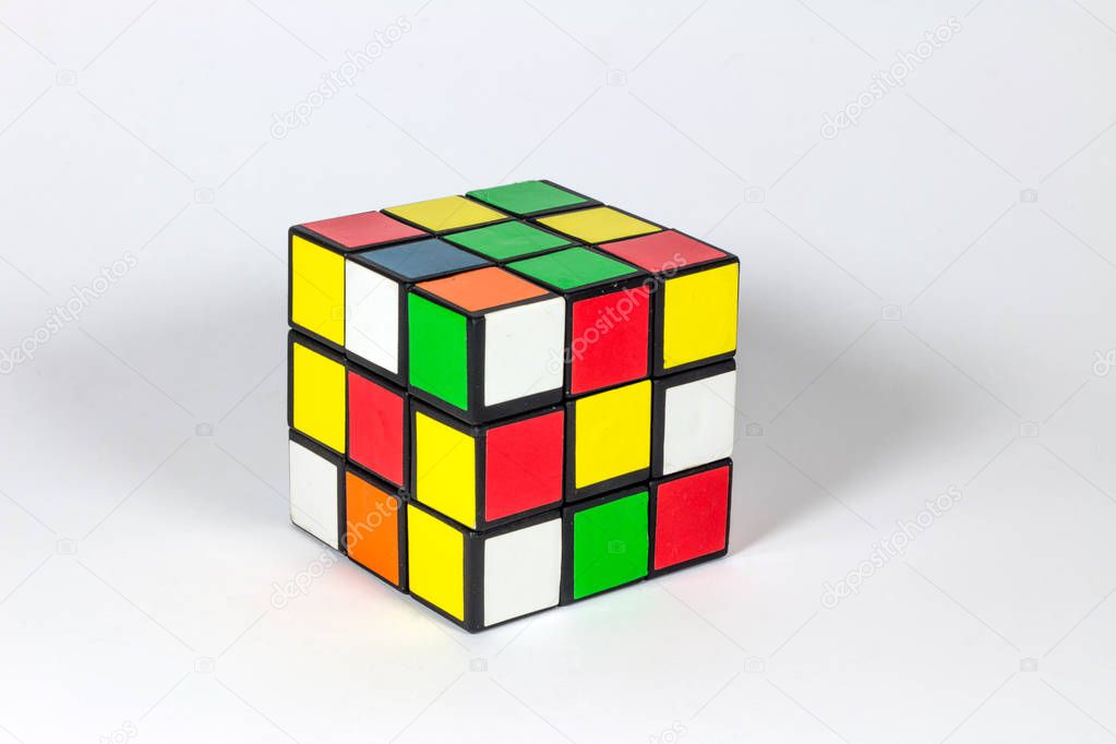 close-up shot of Rubik's cube on the white background