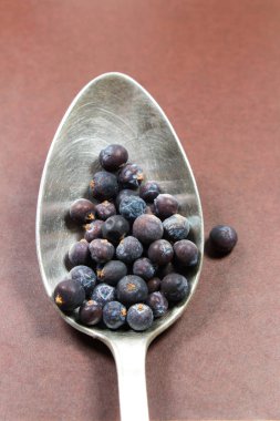 Kahverengi arka plan üzerinde gümüş kaşık ardıç Tohumu