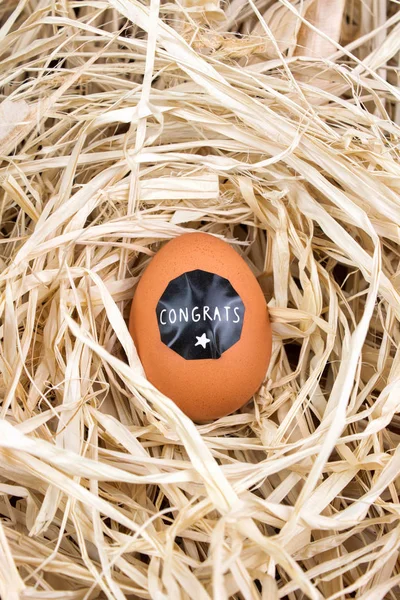 Brown egg in a nest with congrats sticker on it