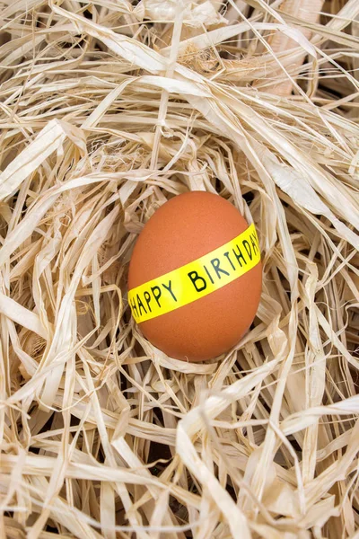 棕色鸡蛋与快乐的生日字母在巢 — 图库照片