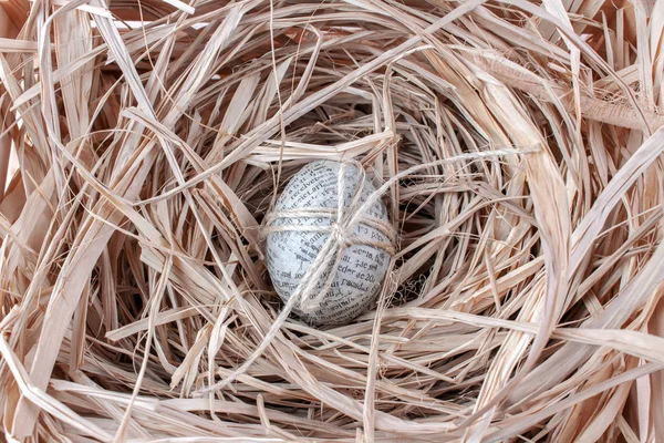 Easter Egg Wrapped Newspaper Nest Rustic Table — Stock Photo, Image