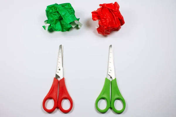 Colorful Crumpled Papers Scissors Isolated White — Zdjęcie stockowe
