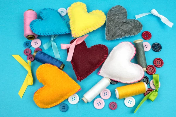 Top View Colorful Felt Hearts Threads Buttons Blue Background — Stock Photo, Image