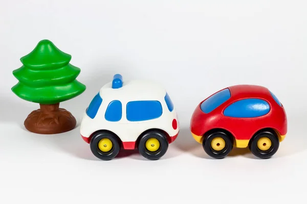 Close Shot Toy Cars Tree White Background — Stock Photo, Image