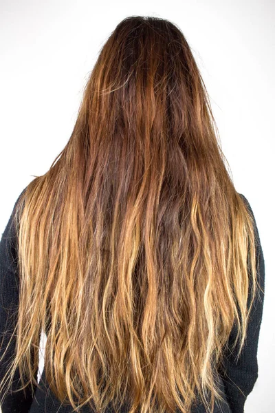 Retrato Vista Trasera Mujer Con Pelo Largo Aislado Blanco — Foto de Stock