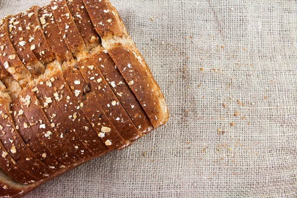 Plasterki Świeżego Pieczywa Tle Worek — Zdjęcie stockowe