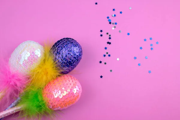 Colorful Sequins Easter Eggs Feathers Pink Background — Stock Photo, Image