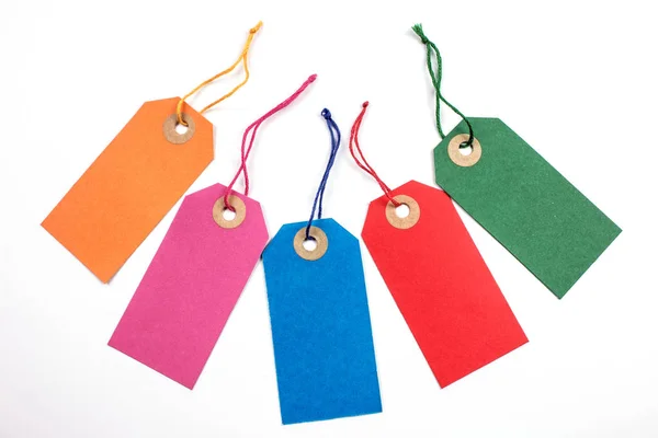 Colorful Paper Tags Tied Strings Isolated White — Stock Photo, Image