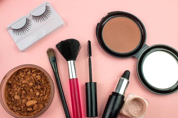 Cosmetica Make Samenstelling Roze Achtergrond — Stockfoto