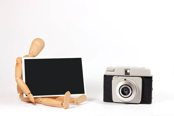 Fotocamera Manichino Legno Cornice Vuota Vecchio Stile — Foto Stock