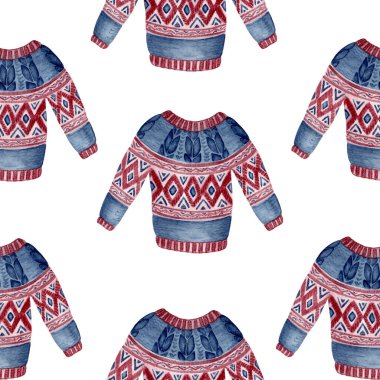 Suluboya Kırmızı ve Mavi örgülü Noel süveterleri. Kırmızı ve mavi suluboya Noel süveterleri ile şenliksiz desen. Konforlu kış kumaşı, tatil ambalajı, şenlikli ambalaj kağıdı ve Noel kartı tasarımları için ideal.