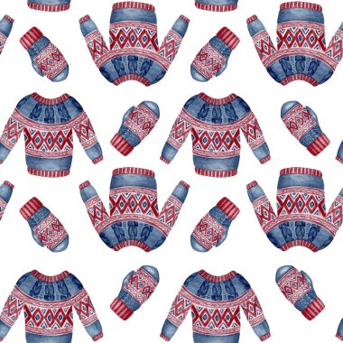 Kusursuz Noel Şablonu Şenlik Kış Örgü. Kırmızı ve mavi kazaklı el boyası suluboya ve İskandinav tasarımlı eldivenler. Ambalaj kağıdı, tatil kartları ve dekorasyon için harika.