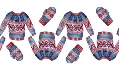 Suluboya Sınır Şenliği Noel Örgü Tasarımı. İskandinav tarzı kırmızı ve mavi Noel süveteri ve eldiven çizimleri. Tatil kartları, çerçeveler, ambalaj kağıtları, dekorasyon için mükemmel.