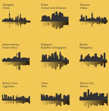 düz şehir siluetleri, basit vektör çizim seti 